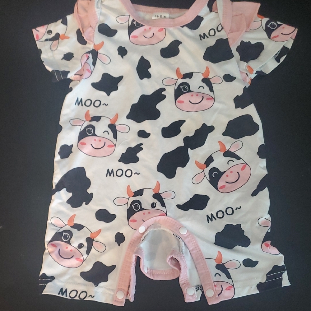 SHEIN Black & White Cow Print Romper with Pink Trim